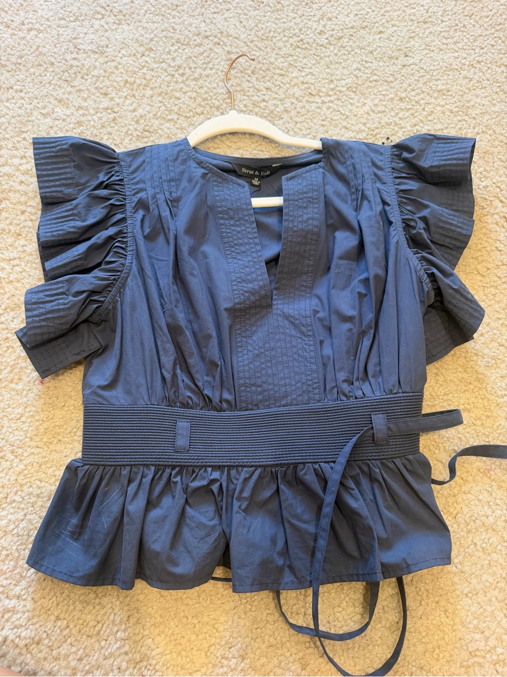 SeaVees Navy Ruffle-Sleeve Peplum Blouse with Textured Waist